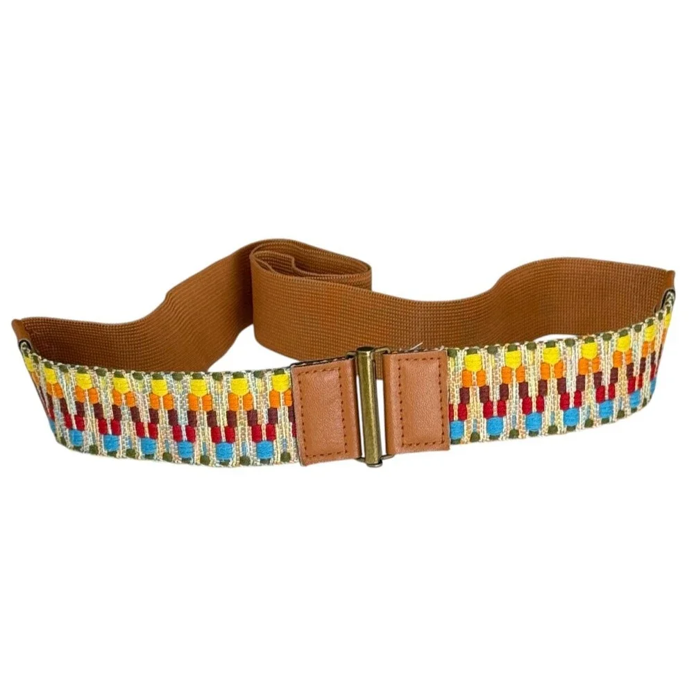 Embroidered Southwestern Rainbow Large Boho Belt Light Brown Hippie Granola Girl